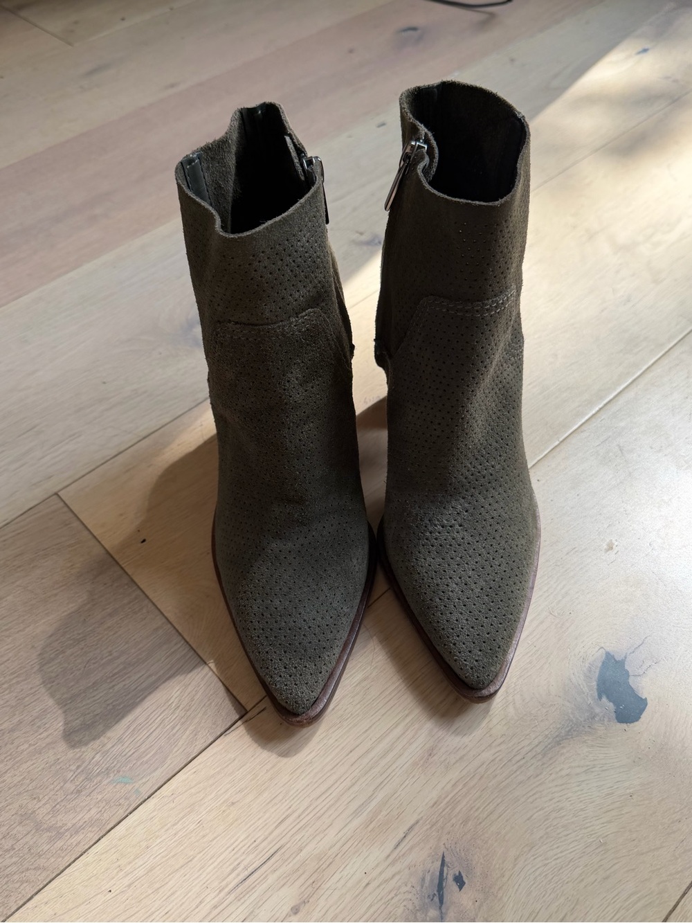 Vince Camuto Olive Suede Pointed Toe Perforated Ankle Booties